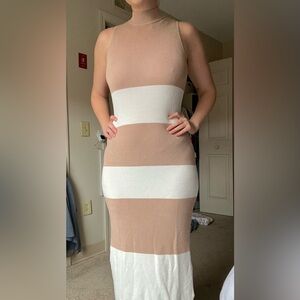 Freshman Tan and White Striped Midi Dress